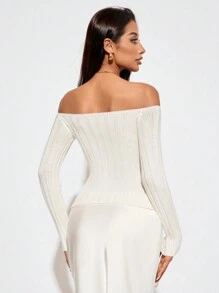 SHEIN SXY Dames effen kleur sexy holle 3D bloemen gebreide trui, herfst/winter, beige trui, dames truien, witte trui, off-the-shoulder trui, witte top,