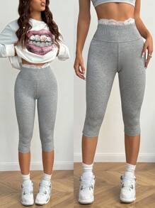 SHEIN EZwear Women's Fall/Winter Y2K Going Out Basic Knit&Lace Stretchy Grey Flare Pants