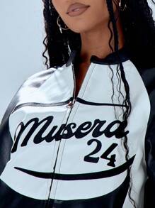 MUSERA Contrast Slogan Stand Collar Racer Jacket Winter Evening - Multicolor - View 4