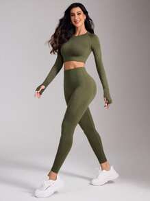 Easithlete Bộ đồ thể thao tập gym nữ thời trang hở lưng co giãn dài tay liền mạch và quần legging - Màu xanh Ô liu - Xem 6
