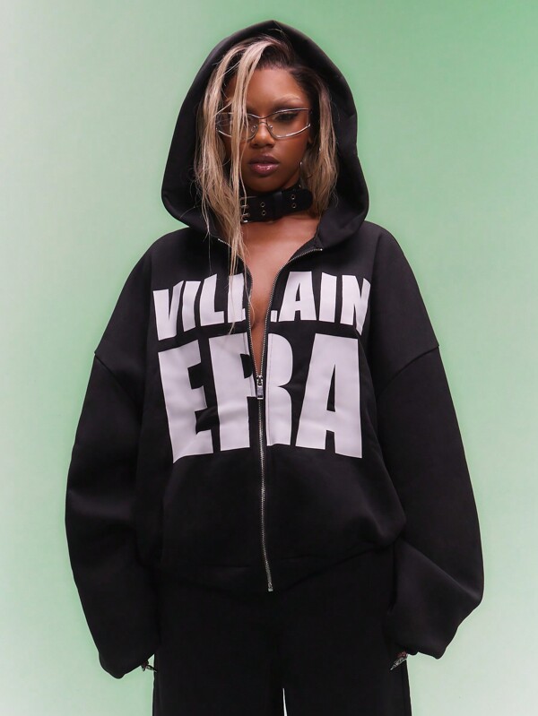 SUMWON WOMEN Villain Era Full Zip Hoodie White Text Statement Oversized Gothic Alternative Fashion Aesthetic Unisex Street Style Casual Drawstring Hood