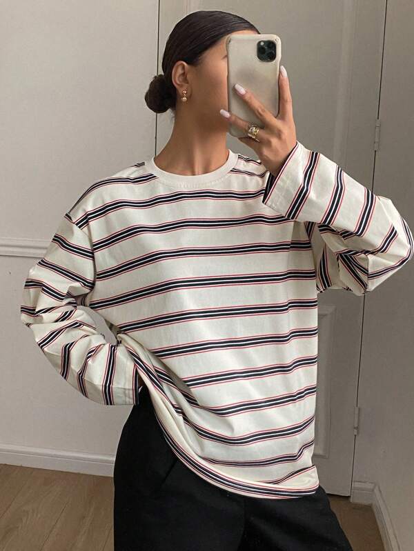 Livesso Women Casual Striped Loose Fit Long Sleeve Round Neck T-Shirt,Fall Clothes