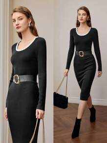 MOTF FAUX PEARL TRIM SCOOP NECK SLIM FIT SWEATER DRESS - Black - View 9