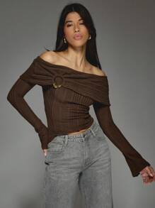 MISSGUIDED Ribbed Knit Off Shoulder Sweater Winter Autumn Long Sleeve Button Detail Cozy Wrap Style Casual Fashion Slim Fit Pullover Top - Coffee Brown - View 5