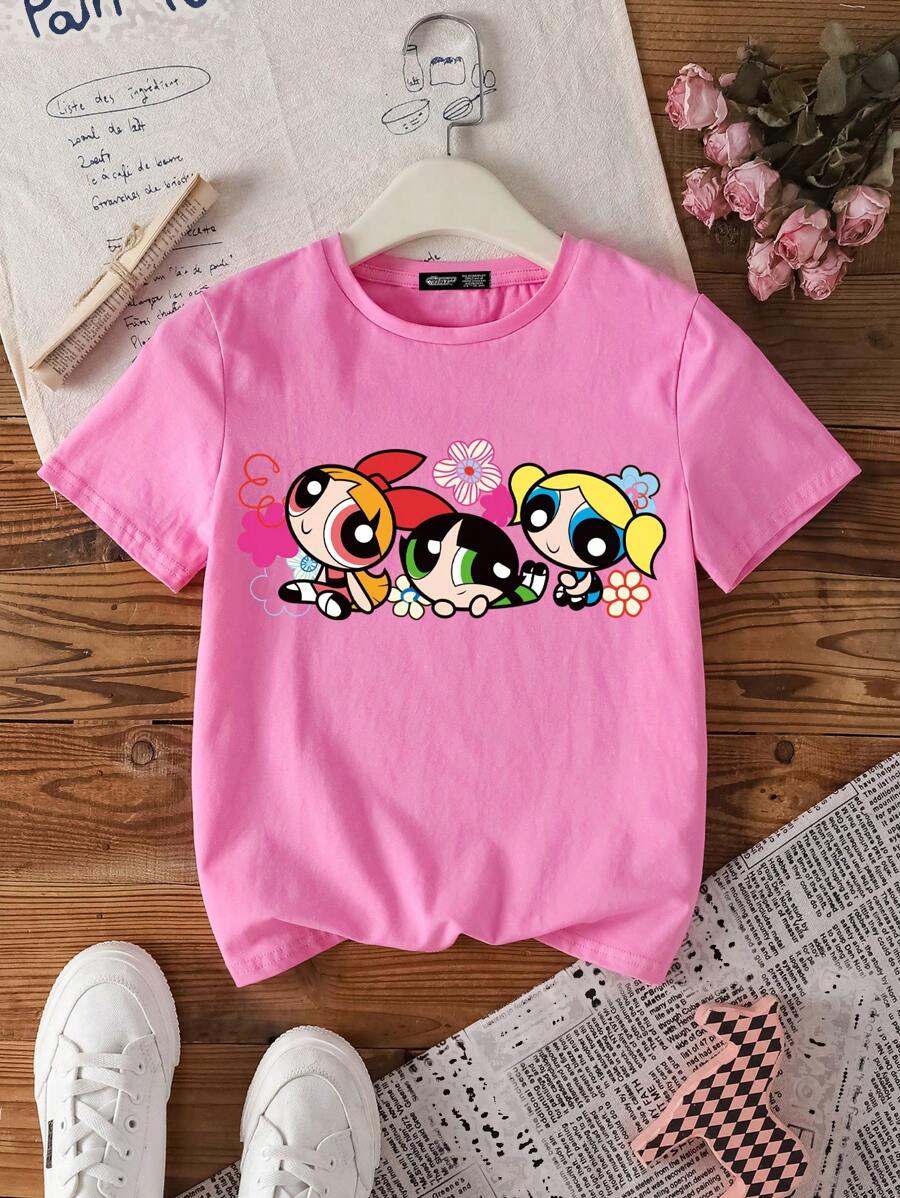 THE POWERPUFF GIRLS X SHEIN Tween Girl Casual Cartoon Print Round Neck Short Sleeve T-Shirt, Summer - Pink - View 1