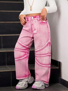 SHEIN Explorewe Young Girl New Fashionable Patchwork Design Faded Red Straight Leg Jeans - Hot Pink - View 6