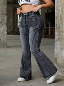 SHEIN ICON Y2K Streetwear Washed Elastic Denim Flare Pants - Dark Grey - View 6