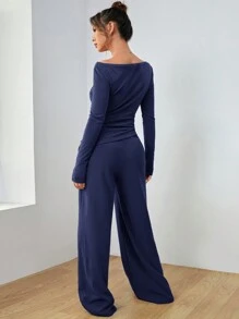 SHEIN EZwear Dệt kim Của phụ nữ Thon gọn Cổ thuyền Tay áo dài Áo Và Quần ống rộng Bộ - Màu xanh hải quân - Xem 3
