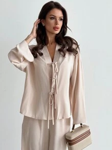 Firerie 2 件套女士休闲系带宽松上衣和高腰弹力宽松裤套装，复古风格，秋冬 - 杏色 - 查看 6