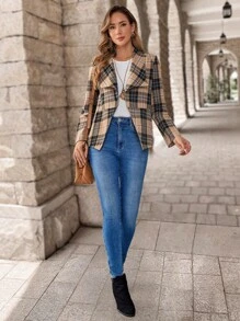 EMERY ROSE Chaqueta elegante de mujer con solapa de cuadros, manga larga y apertura frontal para el otoño, chaqueta corta de invierno para mujer - Caqui - Ver 6