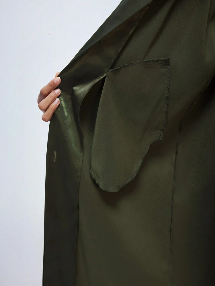 SHEIN Maija Women's Dark Green Satin Drill Fashion Button Front Pockets Versatile Long Sleeve Christmas Casual Holiday Jacket, Regular Fit
