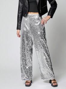 SHEIN EZwear Silberne Paillettenbesatz Weite Hose für den Winter - Silber - Übersicht 4