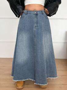 SHEIN EZwear 大码休闲宽松长款 A 字形牛仔迷你裙，蓝色 - 藍色 - 查看 1