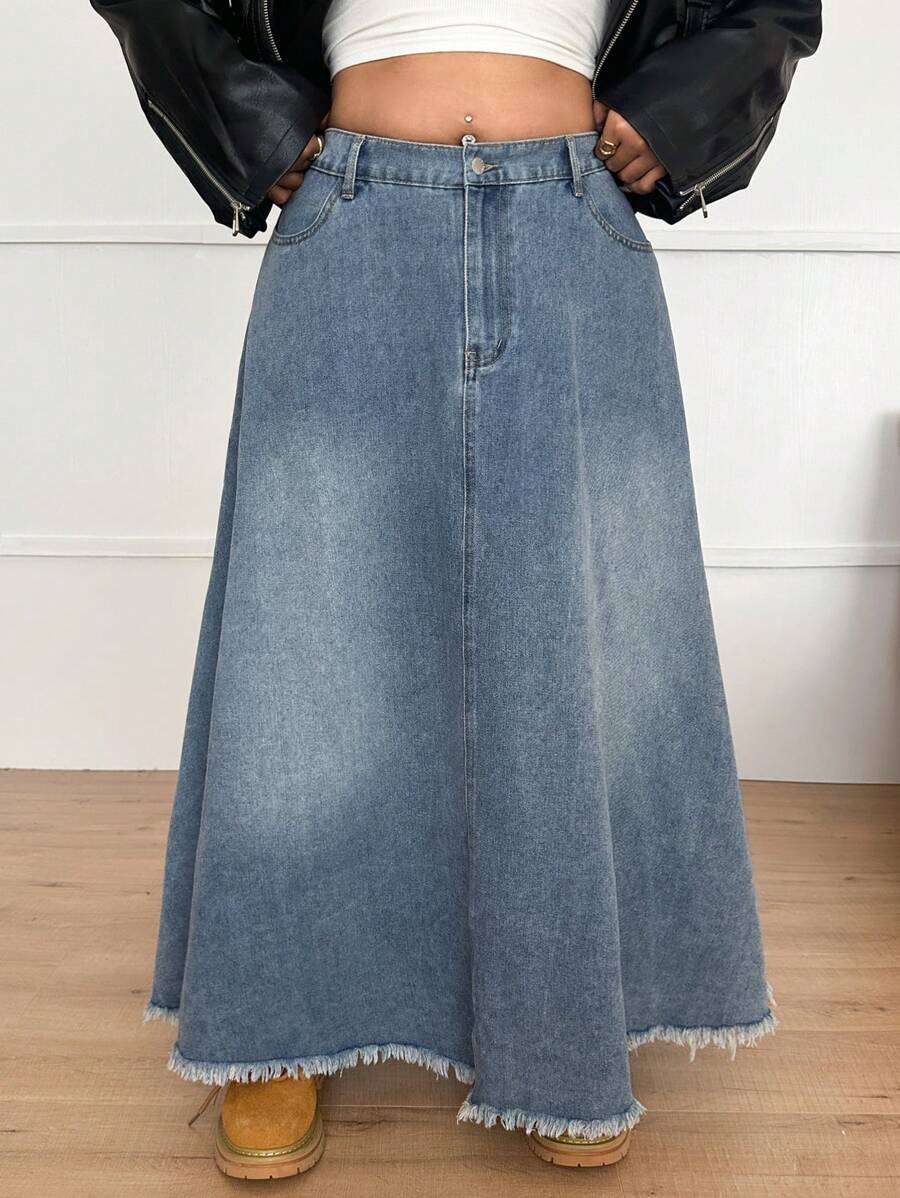 SHEIN EZwear 大码休闲宽松长款 A 字形牛仔迷你裙，蓝色 - 藍色 - 查看 1