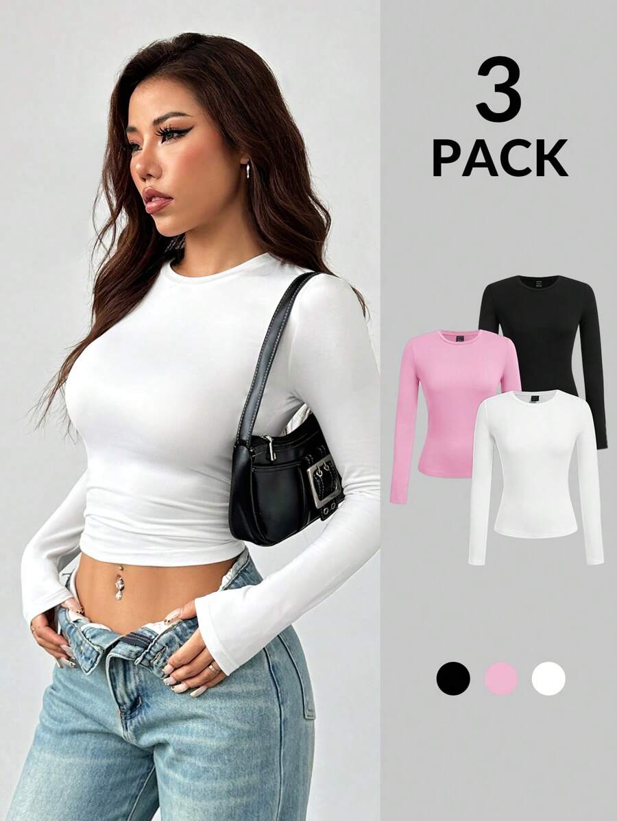 SHEIN PETITE Women's Three Pieces Round Neck Casual Tight-Fitting Solid Color Long-Sleeved T-Shirt Pullover Set Suitable For Spring, Autumn And Winter 3 Packs Topsmultipack Topspack Of Topsbasic Long Sleeve Topslong Sleeve Crop Tops - Multicolor - View 1