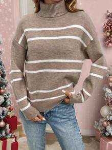 SHEIN LUNE Pink Christmas Women Clothes  Women High Neck Striped Warm Pullover Sweater, Winter - Khaki - View 4
