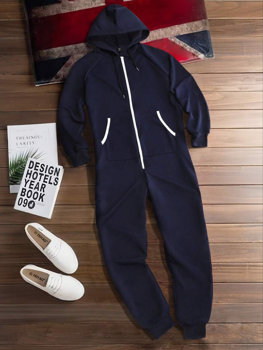 Manfinity Homme Men's Colorblock Zip-Up Front Hooded Jumpsuit, Casual & Minimalist