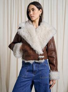 AiiRZ Veste de moto coupée en fausse peau de mouton, doublée de sherpa d'hiver. Veste de moto d'extérieur avec boucle sur le côté, une pièce de mode chaude et dans un style d'aviateur pour l'automne