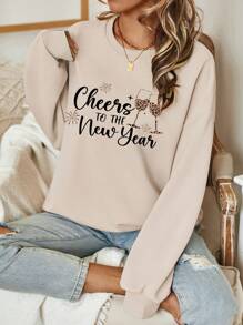 SHEIN LUNE 欢呼新年豹纹酒杯图案休闲超大圆领长袖运动衫，女式冬季假日