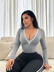 SHEIN SXY 性感 V 领灰色舒适休闲长袖紧身衣，秋冬 - 灰色 - 查看 4