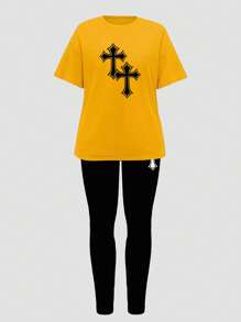 SHEIN Slayr 2 Pieces Plus Size Women Cross Print Crew Neck Short Sleeve T-Shirt And Pants, Casual Set - Yellow - View 3