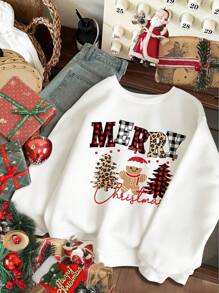 SHEIN Leap Crew Áo nỉ tay dài cổ tròn dày dặn, dáng rộng, in hình người bánh gừng và cây thông Noel dễ thương, phù hợp cho bé gái tuổi teen vào mùa thu/đông, áo nỉ Giáng sinh, áo nỉ Giáng sinh cho bé gái tuổi teen - trắng - Xem 1