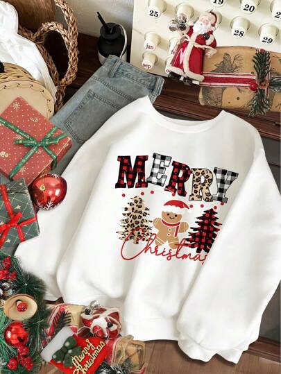 SHEIN Cute Gingerbread Man & Christmas Tree Print Casual Loose Fit Thick Crew Neck Long Sleeve Sweatshirt Suitable For Tween Girls In Autumn/Winter, Christmas Sweatshirt, Christmas Girls Outfits, Christmas Tween Girl Clothes