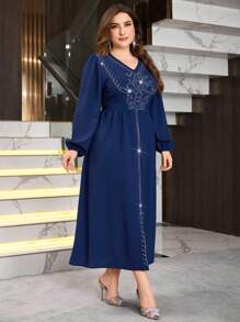 Modelyn Vestido largo elegante con cuello en V, decoración de strass y manga de farol para mujeres de talla grande. Vestido largo de noche para mujer