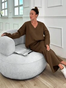RueChic Casual Oversize V-hals Flare Mouw Trui & Maxi Rib Breiwerk Trui Rok 2-delige Set