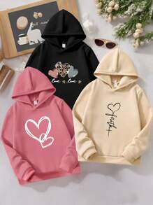 SHEIN 三件装少女休闲爱心豹纹印花卫衣，带保暖内衬，黑色、浅粉色、杏色，适合日常和户外穿着。 - 彩色 - 查看 1