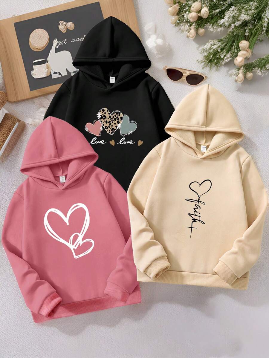 SHEIN 三件装少女休闲爱心豹纹印花卫衣，带保暖内衬，黑色、浅粉色、杏色，适合日常和户外穿着。 - 彩色 - 查看 1