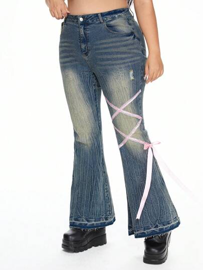 Kawaii Plus Size Y2K Lace-Up Frayed Vintage Flared Low Waist Women Jeans