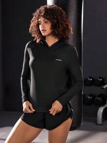 Powerista 女士字母印花休闲黑色连帽长袖运动衫