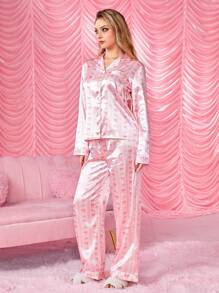 ROMWE Kawaii 浪漫情人节心形与蝴蝶结缎面印花翻领长袖睡衣套装 - 粉色 - 查看 4