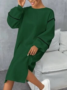 SHEIN LUNE Women's Autumn/Winter Floral Patched Trim Round Neck Loose Straight Casual Sweatshirt Dress