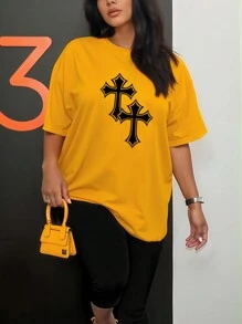 SHEIN Slayr 2 Pieces Plus Size Women Cross Print Crew Neck Short Sleeve T-Shirt And Pants, Casual Set - Yellow - View 5