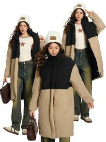 SHEIN Explorewe Abrigo casual acolchado con cremallera al frente, manga larga y hombros caídos, de bloques de color, para niña adolescente, invierno - Multicolor - Ver 1