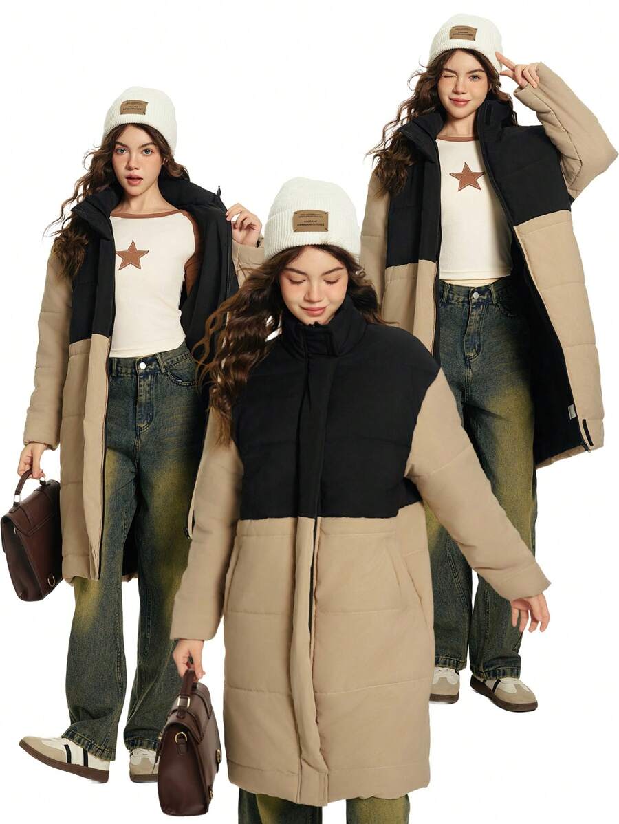 SHEIN Explorewe Abrigo casual acolchado con cremallera al frente, manga larga y hombros caídos, de bloques de color, para niña adolescente, invierno - Multicolor - Ver 1
