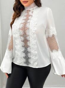SHEIN Unity 大码女式优雅白色镂空蕾丝拼布衬衫 - 白色 - 查看 4