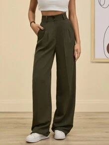 SHEIN Tall 高腰女式纯色阔腿裤 - 軍綠色 - 查看 4