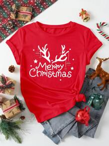 INAWLY 女士圣诞口号印花圆领短袖休闲 T 恤、节日上衣 - 紅色 - 查看 1