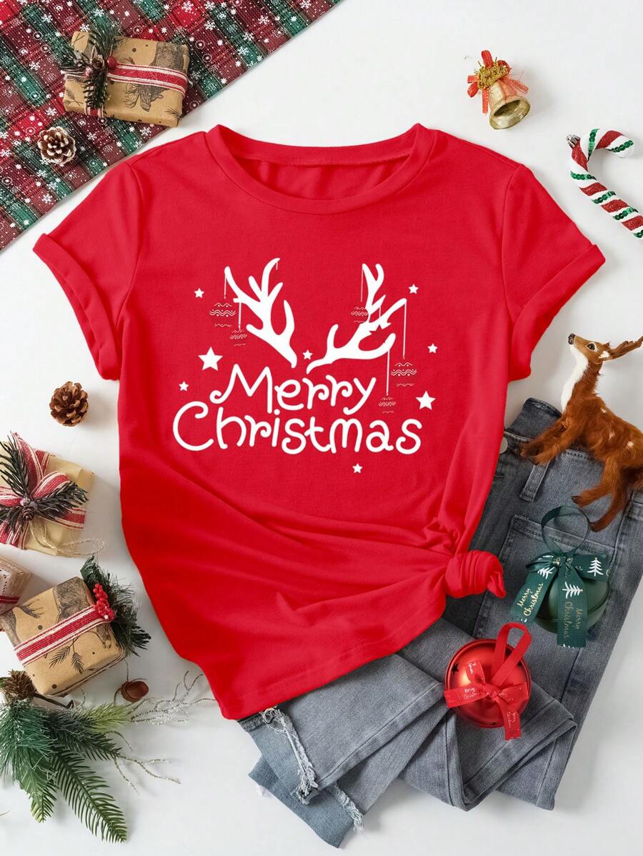 INAWLY 女士圣诞口号印花圆领短袖休闲 T 恤、节日上衣 - 紅色 - 查看 1