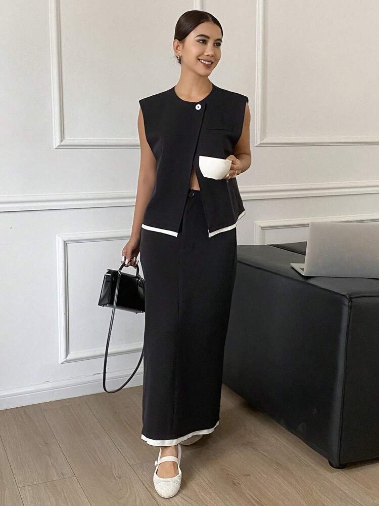 2 Pcs Women's Contrast Trim Button Front Sleeveless Top And Skirt Set