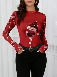 SHEIN Clasi Świąteczna, swobodna czapka Mikołaja i wzór kieliszka do wina, dopasowana koszulka z długim rękawem, góra odpowiednia na jesień/zimę