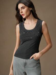Anewsta Women's Chic Black Rhinestone Star Print Fitted Tank Top For Summer