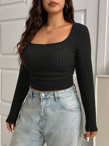 Solflare 大码秋冬罗纹腰褶黑色 T 恤