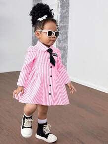 SHEIN 女婴梭织长袖条纹领合身休闲连衣裙（不含领带） - 玫紅色 - 查看 8