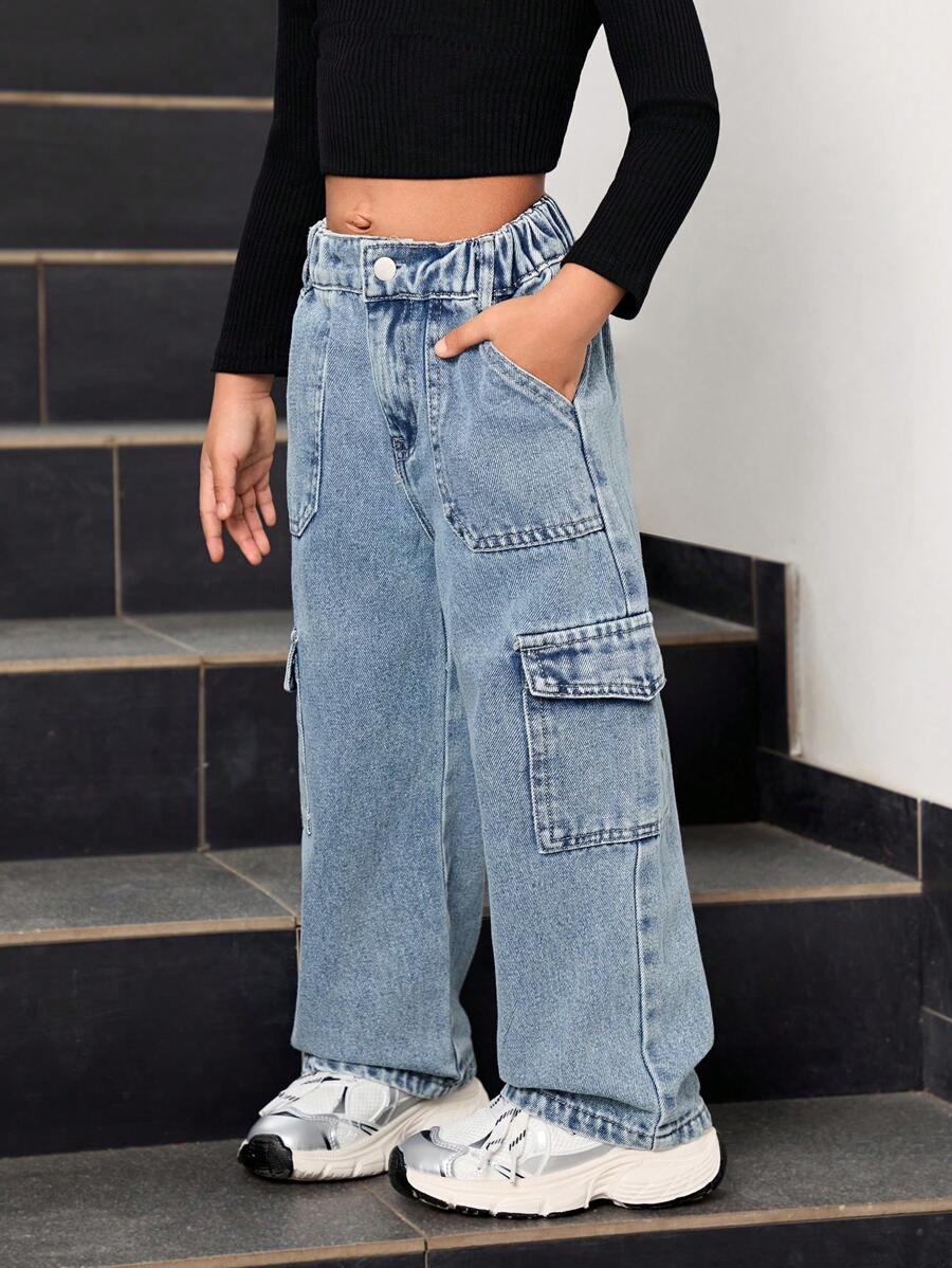 Quần Jeans Ống Thẳng Túi Hộp Tối Giản Thường Ngày Cho Bé Gái - Màu xanh lam - Xem 1