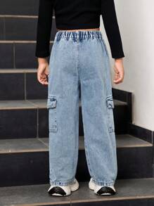 Quần Jeans Ống Thẳng Túi Hộp Tối Giản Thường Ngày Cho Bé Gái - Màu xanh lam - Xem 2