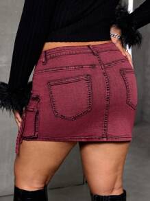 SHEIN ICON Red Plus Size Denim Skirt Tight Stretch Mini Skirt Merry Christmas Skirt - Red - View 2